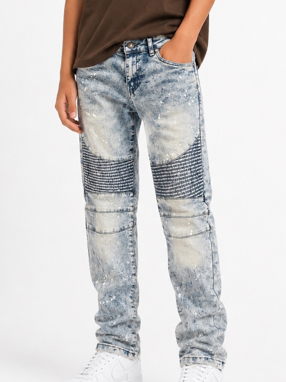 Washed Blue Patchwork Moto Jeans
